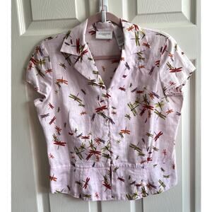 LIZ CLAIBORNE Petite Light Pink 100% Linen Dragonfly Button Blouse Top Y2K